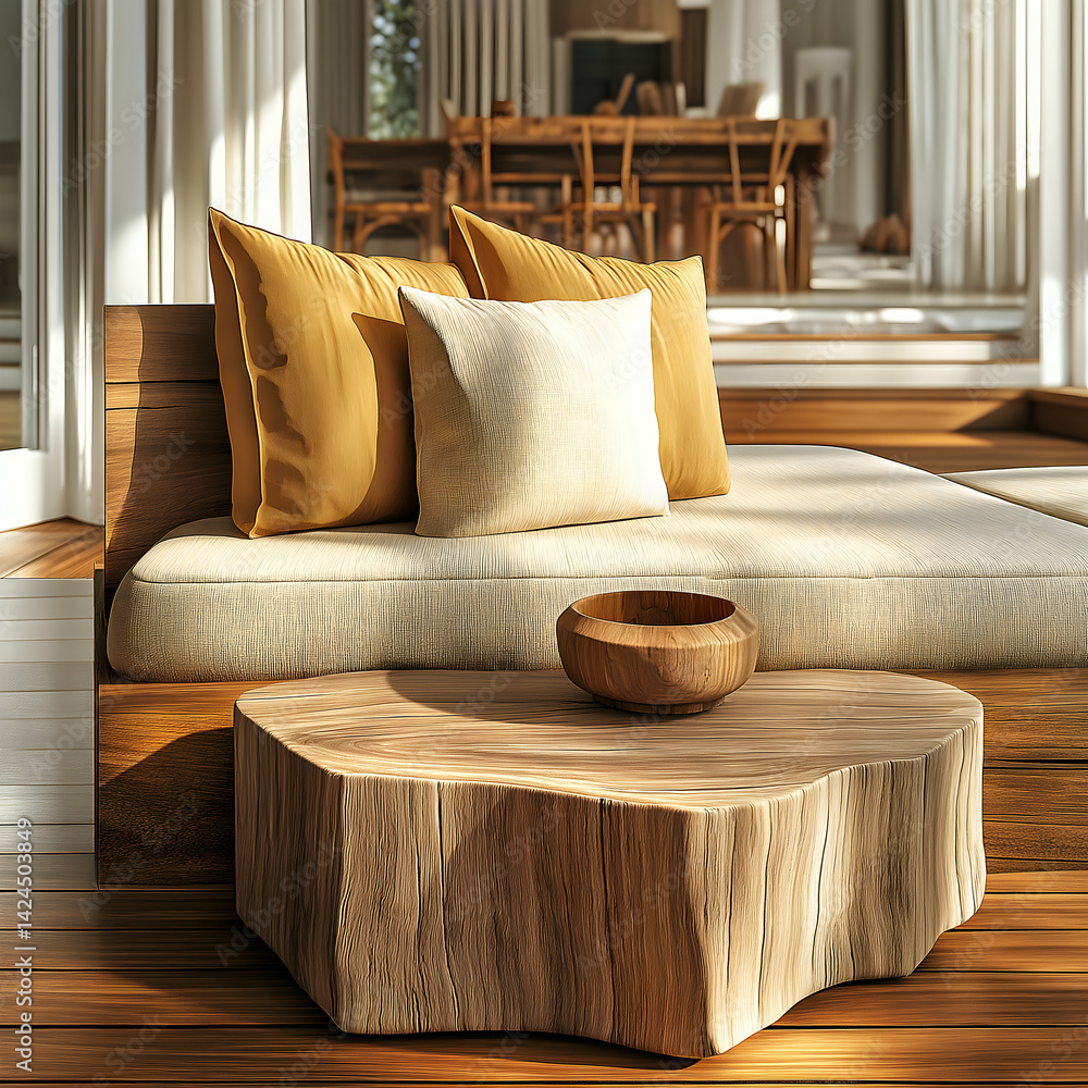 Zen-Style Solid Wood Plank Sofa in Natural Light – Modern Residential Design