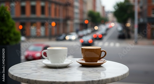 Fototapeta Naklejka Na Ścianę i Meble -   Two coffee cups on a small café table, blurred city street in the background