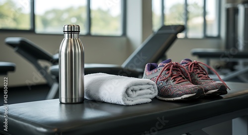  Water bottle on a gym bench with towel and sneakers, fitness lifestyle