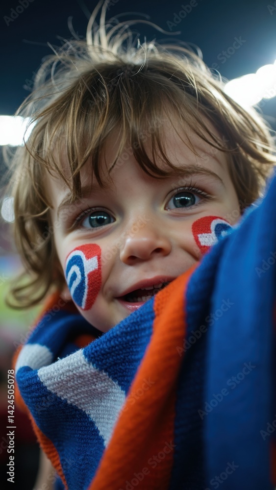 A close-up of a child holding a team scarf, their face painted with the team's logo, their wide eyes reflecting the stadium lights