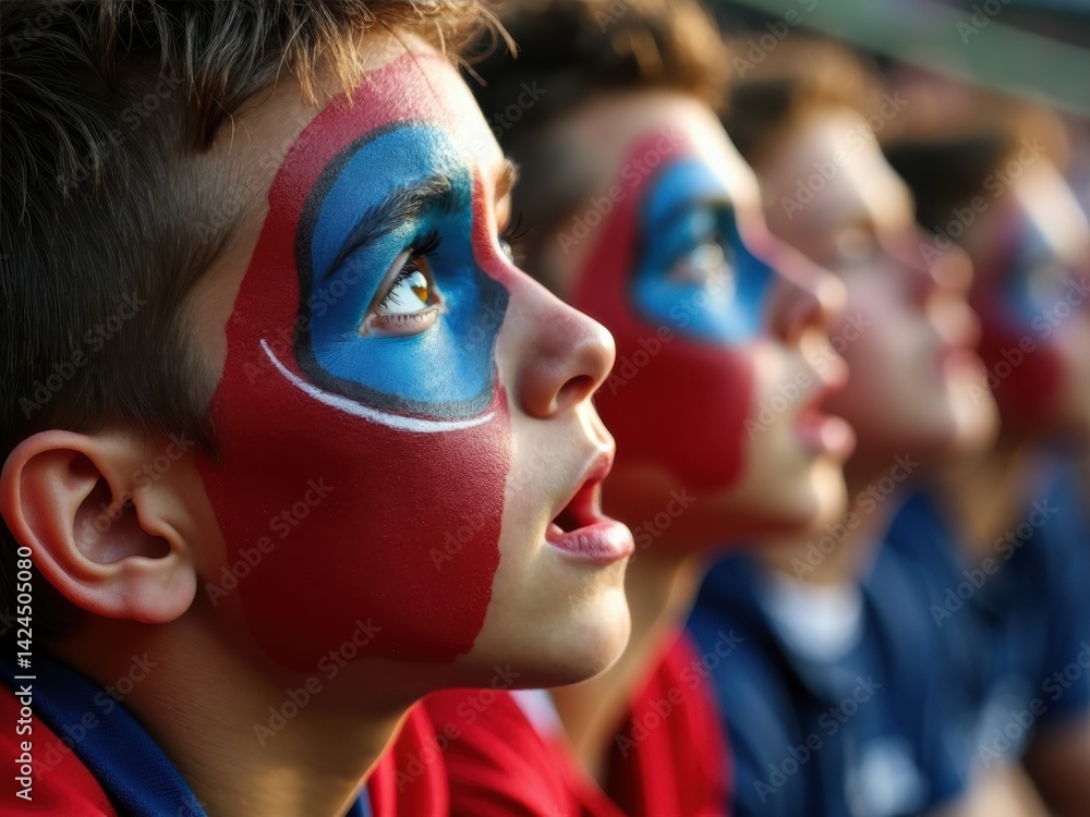 A close-up of a fan's face painted with intricate team designs, their eyes wide with anticipation as they watch the match