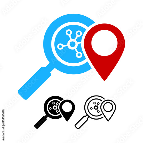 Microbial biomarker vector icon. DNA graphics with a location icon. For medical use. Color, black and outline.
