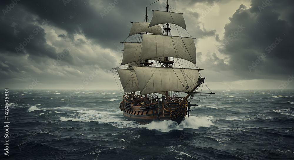 Fototapeta premium Vintage Sailing Ship in Stormy Sea Stock Photo