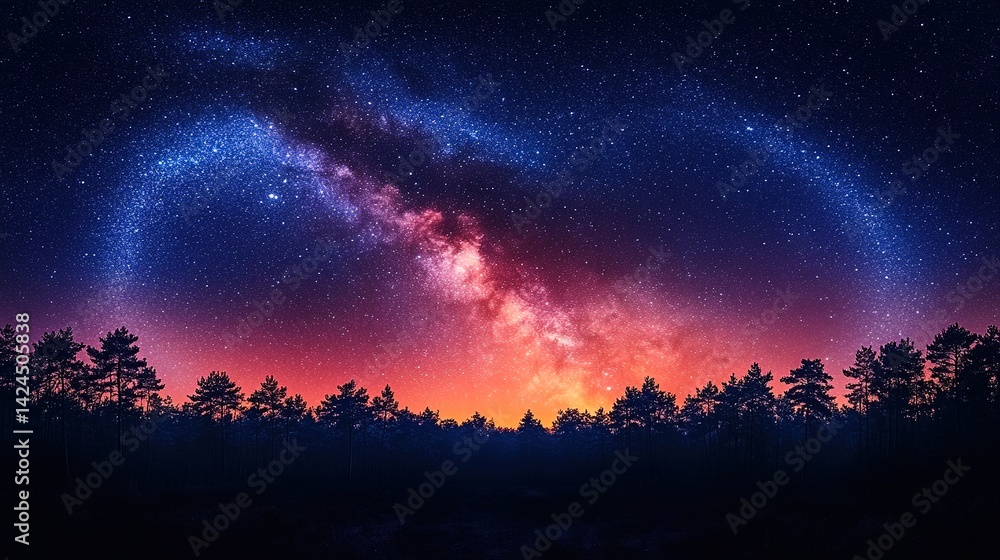 Celestial Dance Above Silhouetted Pines: A Night Sky Panorama Celestial Dance Above Silhouetted Pines: A Night Sky Panorama