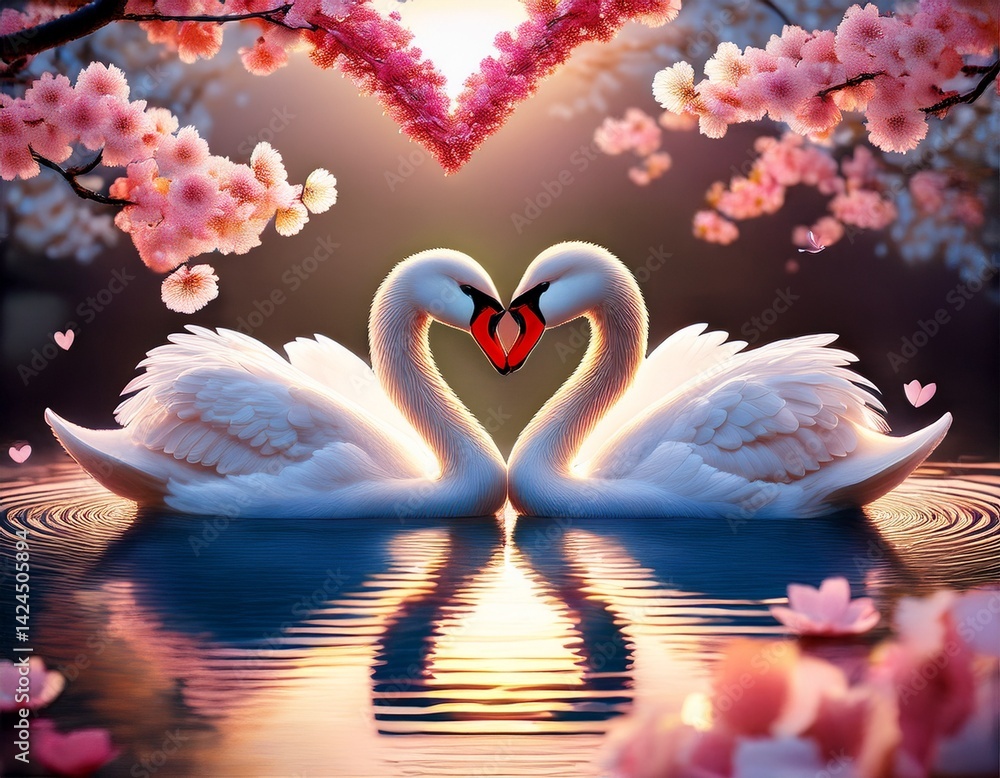 Naklejka premium two swans form a heart beneath blooming cherry blossom branches