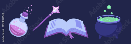 Flat icon set of potions, wand, cauldron, and spell book on dark background