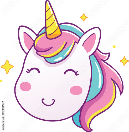 Adorable Cartoon Unicorn Head with Rainbow Mane