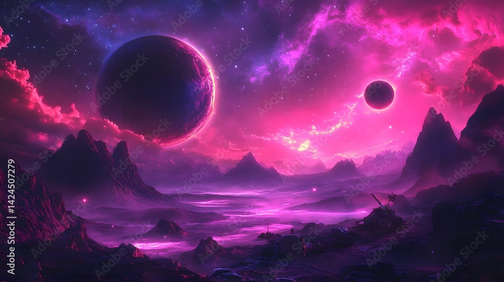 Cosmic, vibrant alien landscape, illuminated by a magenta sun. Cosmic, vibrant alien landscape, illuminated by a magenta sun.