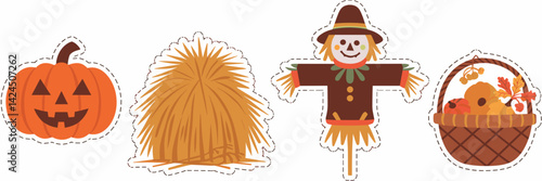 Fall harvest sticker icons with pumpkin, haystack, scarecrow, and basket – Ideal for seasonal marketing, autumn decor themes, or educational resources