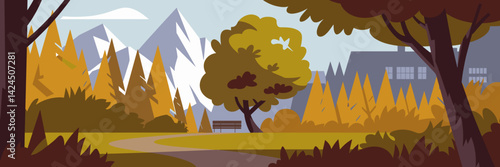 Mountain view with golden autumn trees and bench – Suitable for tourism content, scenic prints, or nature blogs.