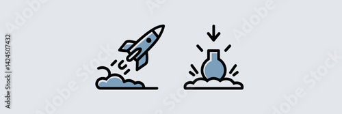 Trade war icons of rocket and falling bomb – Suitable for global conflict illustrations, economic instability graphics, or editorial articles.