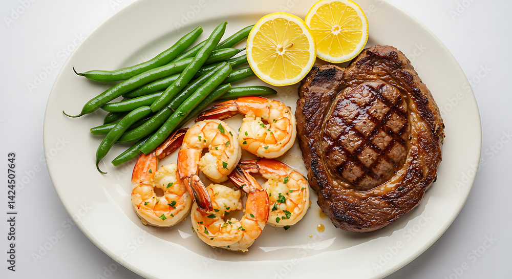 Surf and turf plated meal with green beans and lemon wedges, highlighting a balanced and delicious culinary experience. Surf and turf plated meal with green beans and lemon wedges, highlighting a balanced and delicious culinary experience.