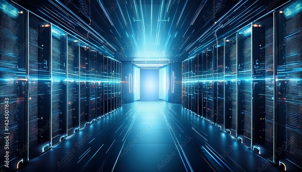 Obraz premium futuristic data storage with illuminated circuits and organized digital information shelves