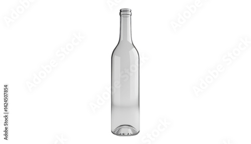 A clear glass bottle with a long neck and a slightly curved bottom