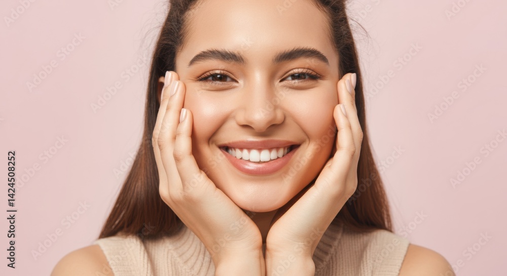 Young hispanic female smiling with hands on face against pink background Young hispanic female smiling with hands on face against pink background