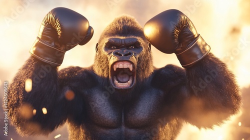 Gorilla in boxing gloves, roaring