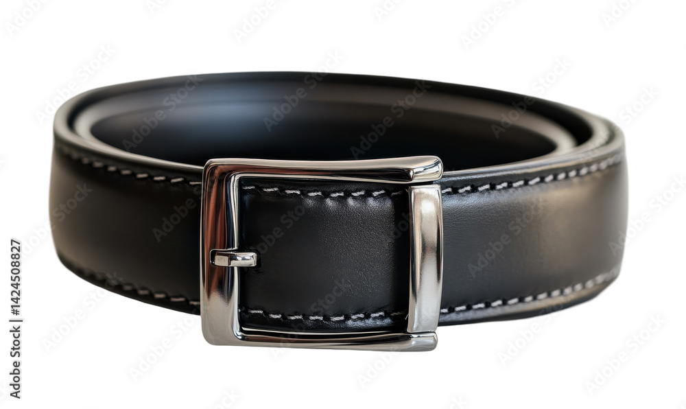 Classic black leather belt with silver buckle, stitched detailing Classic black leather belt with silver buckle, stitched detailing