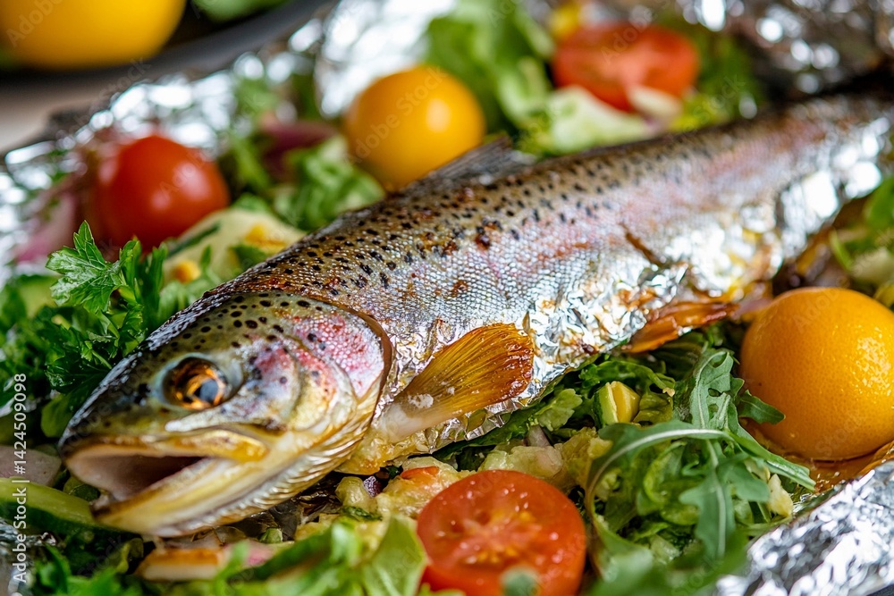 Fresh rainbow trout garnished with bright vegetables such as cherry tomatoes, arugula, and herbs is elegantly arranged on a platter. This vibrant dish emphasizes healthy eating Fresh rainbow trout garnished with bright vegetables such as cherry tomatoes, arugula, and herbs is elegantly arranged on a platter. This vibrant dish emphasizes healthy eating