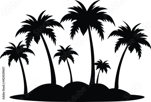 Black silhouette palm trees on a mound, tropical island with transparent background