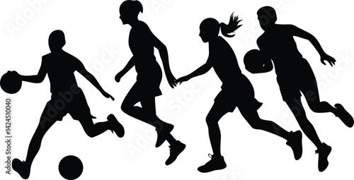 Black silhouettes of multiethnic athletes dribbling ball during relay race