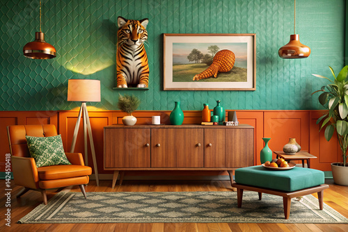 Retro living room, 1970s interior design, orange and teal color scheme, mid-century modern furniture, wooden sideboard, vintage armchair, tiger wall mount, safari themed decor, patterned area rug, 