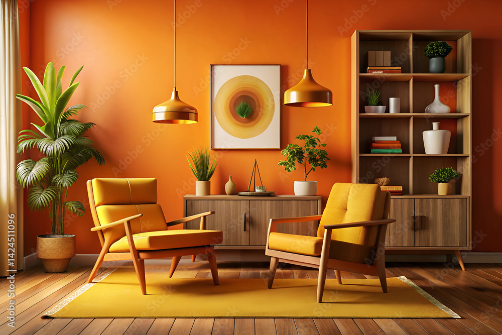 Retro living room, mid-century modern furniture, yellow armchairs, wooden bookshelf, orange walls, pendant lamps, abstract wall art, indoor plants, warm color palette, cozy interior design Retro living room, mid-century modern furniture, yellow armchairs, wooden bookshelf, orange walls, pendant lamps, abstract wall art, indoor plants, warm color palette, cozy interior design