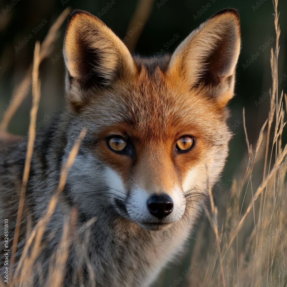 Fototapeta premium Fox resting in tall grass during golden hour
