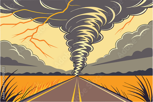 Realistic Tornado Illustration with Rotating Funnel and Storm Clouds