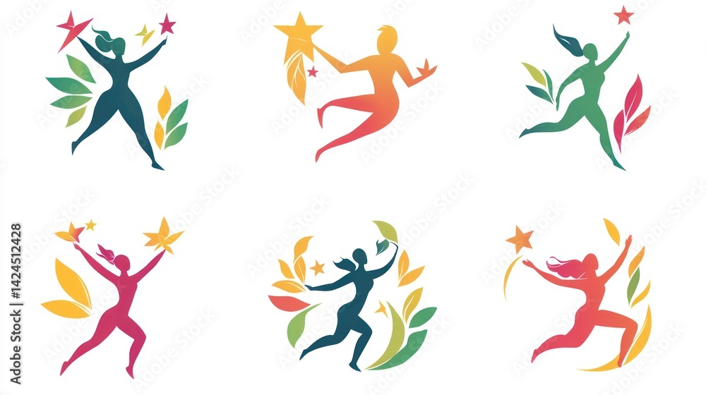 Fototapeta premium Six vibrant female figures achieving goals, stars, leaves; website design