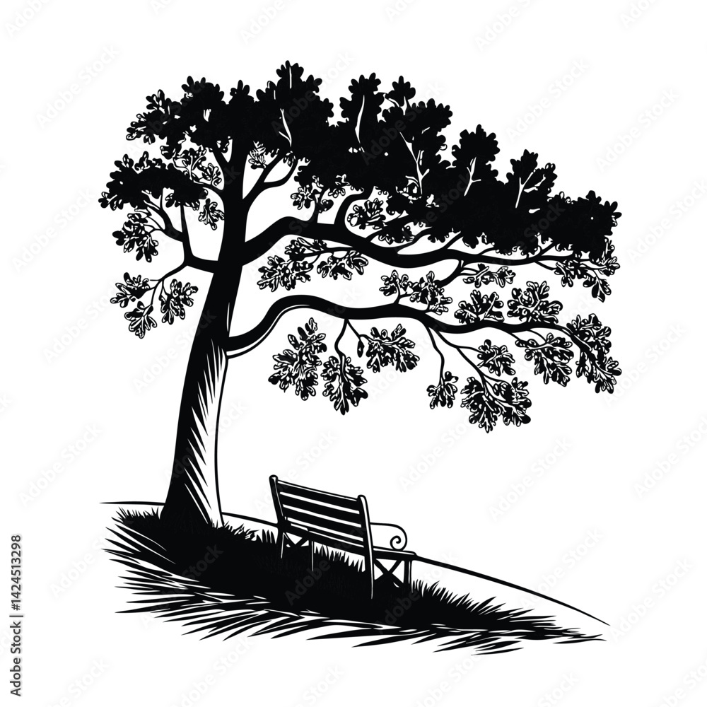 Fototapeta premium Rustic Oak Tree Illustration – Majestic Old Tree Art Print | Vintage Nature Decor for Home, Cabin, or Woodland-Themed Spaces