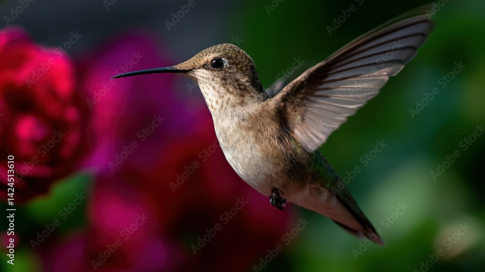 Fototapeta premium Hummingbird hovering near blooming flowers in spring
