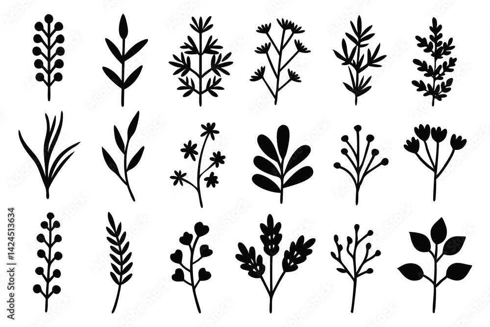 Botanical Pattern Black Silhouettes of Plants, Branches and Twigs on White Botanical Pattern Black Silhouettes of Plants, Branches and Twigs on White