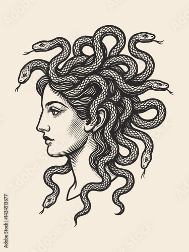 Engraved Medusa head with snakes in vintage black and white style