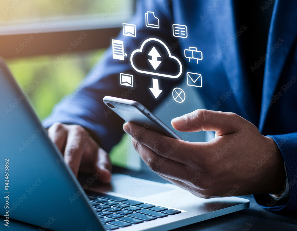 Naklejka premium Businessman using smartphone for cloud storage services.