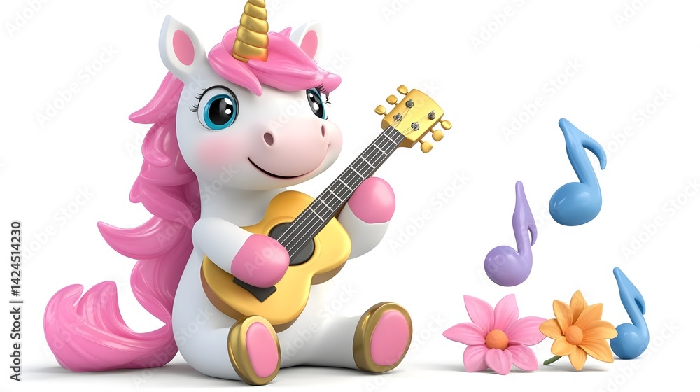 Naklejka premium Cheerful Unicorn Playing Guitar with Bright Colors and Musical Notes