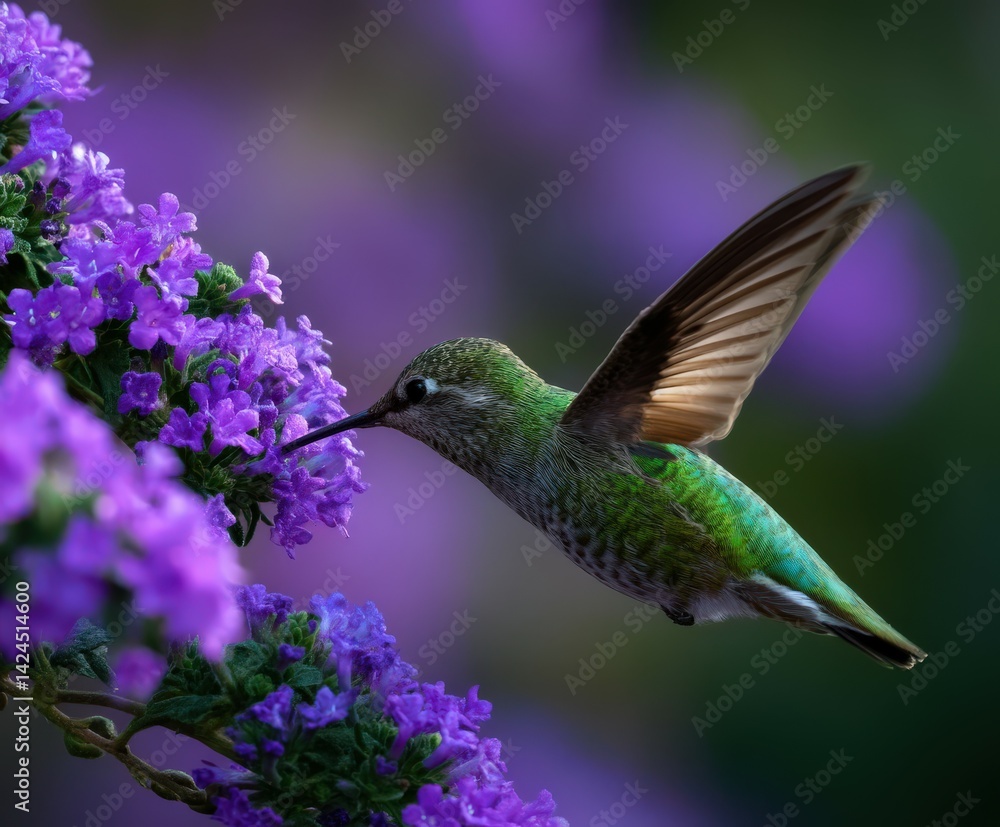 Fototapeta premium Colorful hummingbird feeding on purple flowers