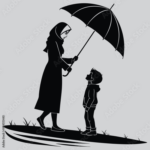 Wearing hijab  Mother holding child under umbrella image silhouette design vector art and illustration