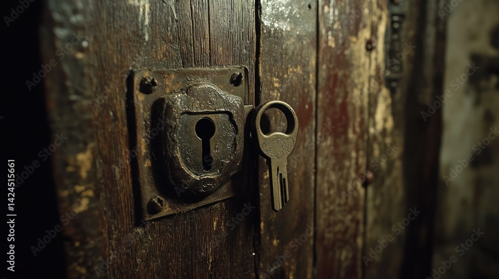Rusty key in ancient wooden door lock, dark cellar Rusty key in ancient wooden door lock, dark cellar