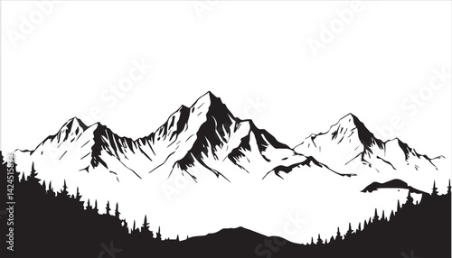 A black and white image of a mountain range