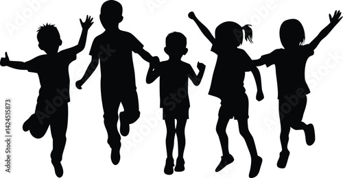 Cheerful Children Silhouettes Jumping, Playing, Arms Raised on White Background