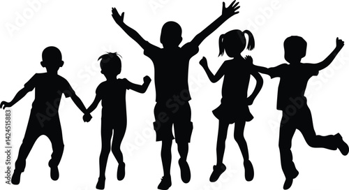 Cheerful Multiracial Kids Silhouettes Jumping Joyfully with Arms Raised Together
