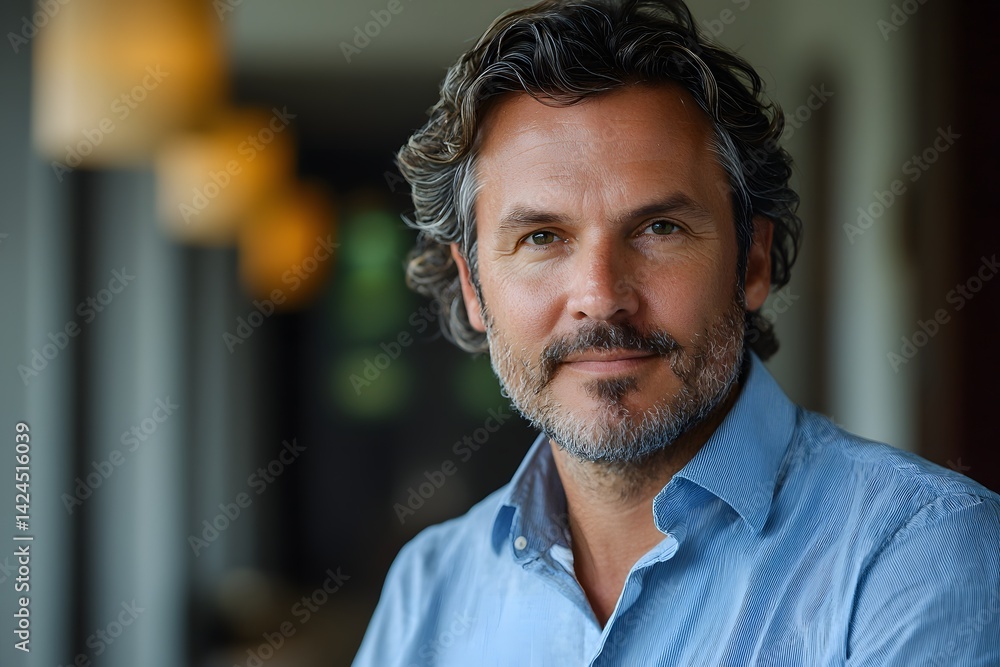 Close-up of man with curly hair in light blue shirt Generative AI Close-up of man with curly hair in light blue shirt Generative AI