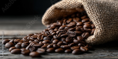 Fresh coffee beans spill from a burlap sack