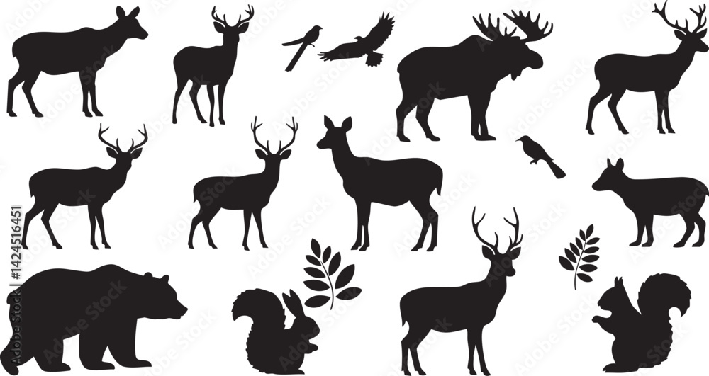 Obraz premium Wildlife Animal Silhouettes: Deer, Bear, Moose, Birds, Squirrel, Foliage Collection on the transparent background AI Generative
