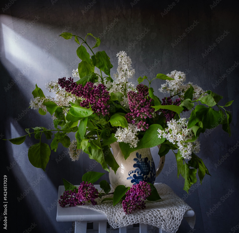 A Beautiful and Vibrant Lilac Bouquet arranged in a Wicker Basket.