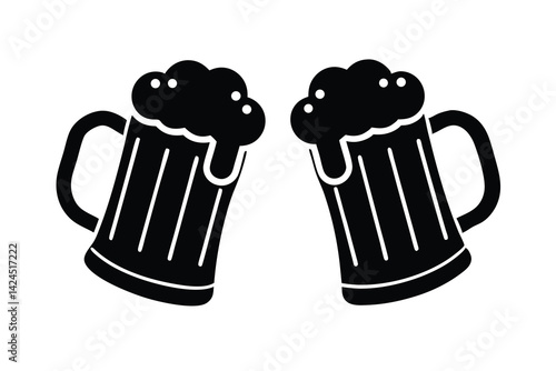 Clinking black beer mugs with foam icon on transparent background, celebration moment