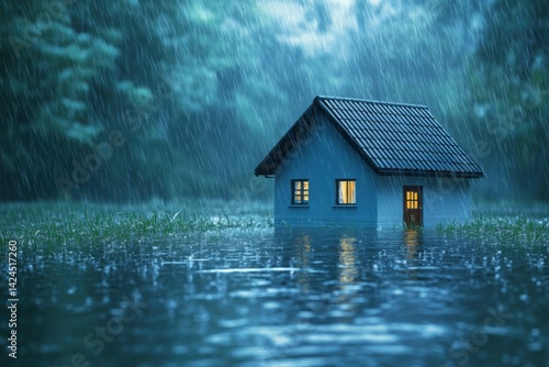 House in flood under rain on white background on transparent background