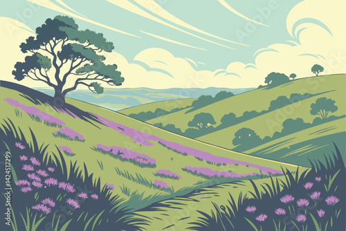 58 Vibrant purple wildflowers covering hillsides, Lush green grass, Rolling hills landscape, Soft blue sky with wispy clouds, Impressionist painting style, Dreamy atmosphere, Spring meadow scene, Past
