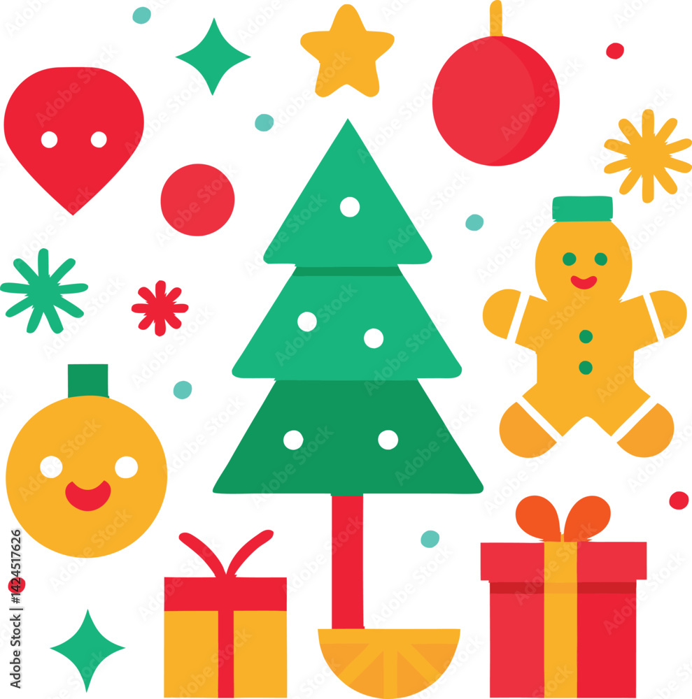 Naklejka premium Winter Holiday Vector Icon Collection, Christmas Elements: Santa, Hat, bell, tree, light, gift, read hart, Christmas gift, star, 