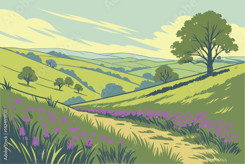 58 Vibrant purple wildflowers covering hillsides, Lush green grass, Rolling hills landscape, Soft blue sky with wispy clouds, Impressionist painting style, Dreamy atmosphere, Spring meadow scene, Past